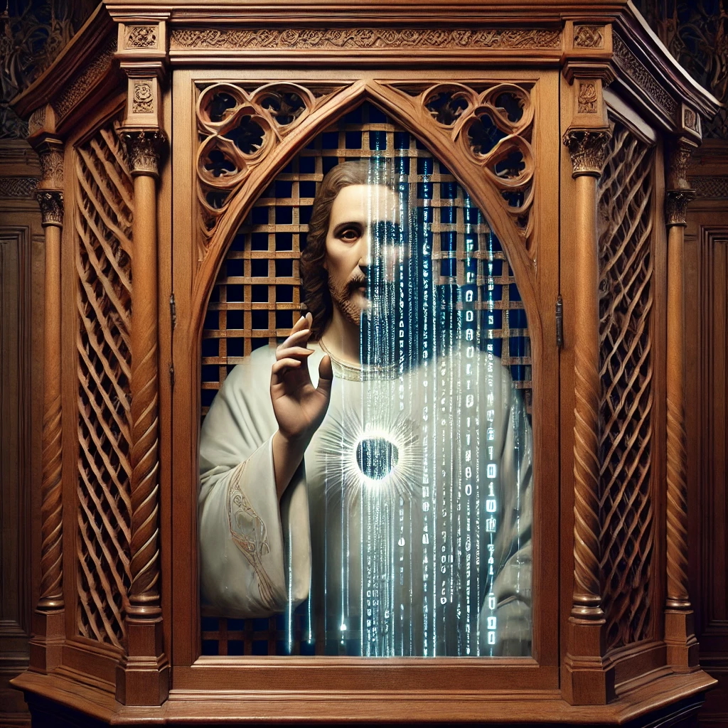 DALL·E 2024-12-22 01.19.06 - A mysterious depiction of Jesus Christ with his face partially obscured behind the latticed wooden grille of a traditional Catholic confessional. The .jpeg (1.00 MB)